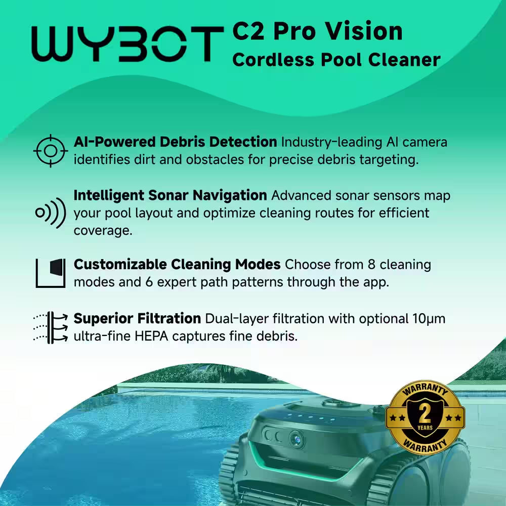 C2 Pro Vision Robotic Suction Pool Vacuum Concrete Surfaces W/ AI Camera Ultra Filter Pool Cleaner