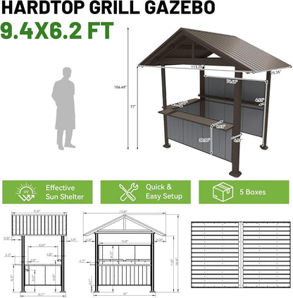 9.4x6.2 FT Hardtop Grill Gazebo with Storage Shelves & Resin Shade System