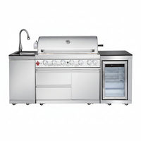 Outdoor Kitchen Island with Built in Grill, 6 Burner 83500 BTU Stainless Steel Gas Barbecue Island, Patio Cooking Station with Sink & Wine Cooler, Built in Grill Island for Backyard (Silver)