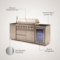 Outdoor Kitchen Island Built for Backyard Entertaining, 6 Burner Gas Grill, 83500 BTU, Granite Countertop — infographic