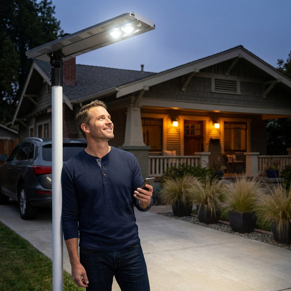 Solar LED Street Light Built to Illuminate Large Areas, 20W Power, 360° Motion Sensor, Cast Aluminum Housing